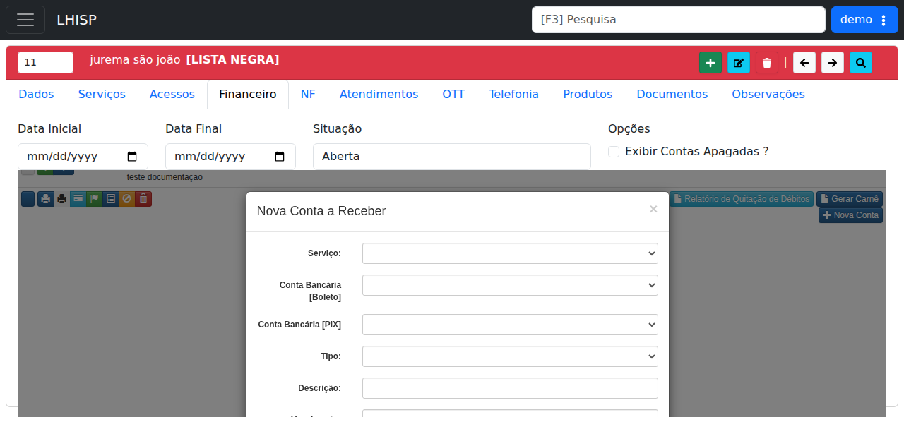 Modal Nova Conta a Receber